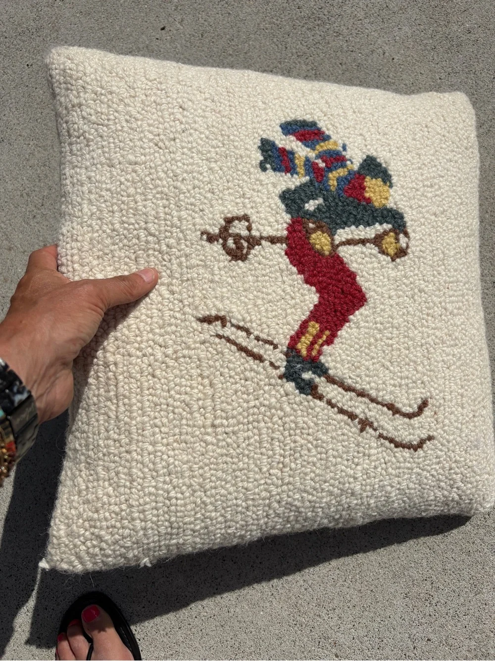 L.L. Bean Wool Hooked Downhill Skier Motif Throw Pillow 15”x16”
